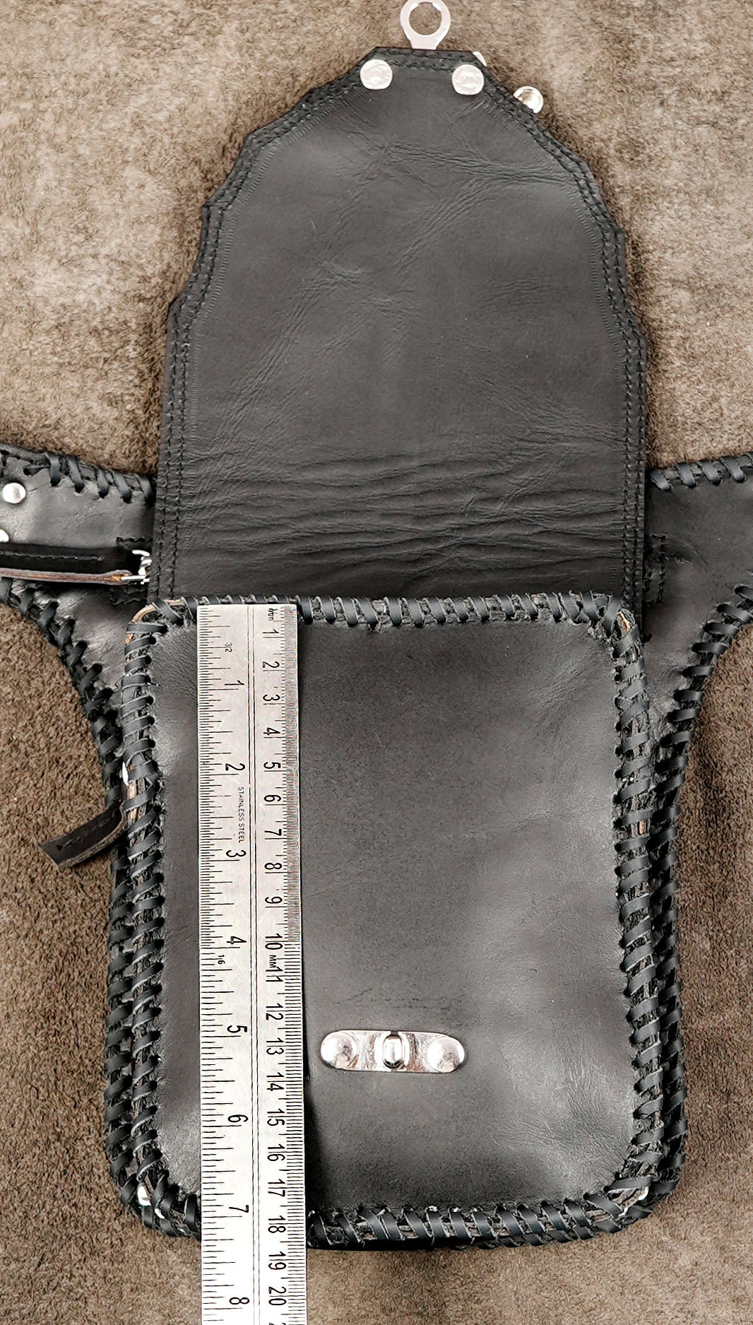 Black leather crossbody pouch with adjustable long strap