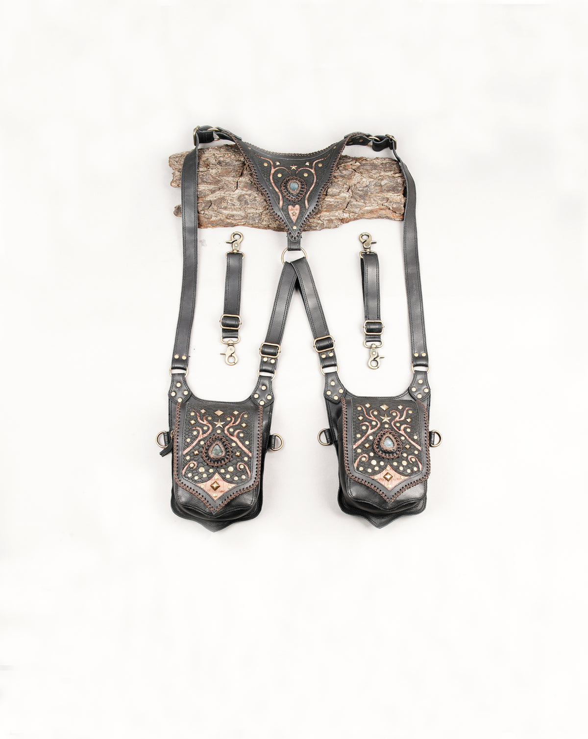 Unisex black leather double hip bag harness set with gemstone pockets and decorative studs