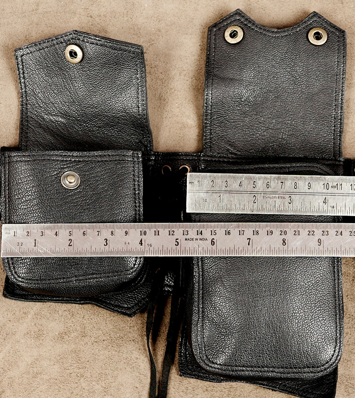 Black leather festival belt with zip pocket and snap flaps