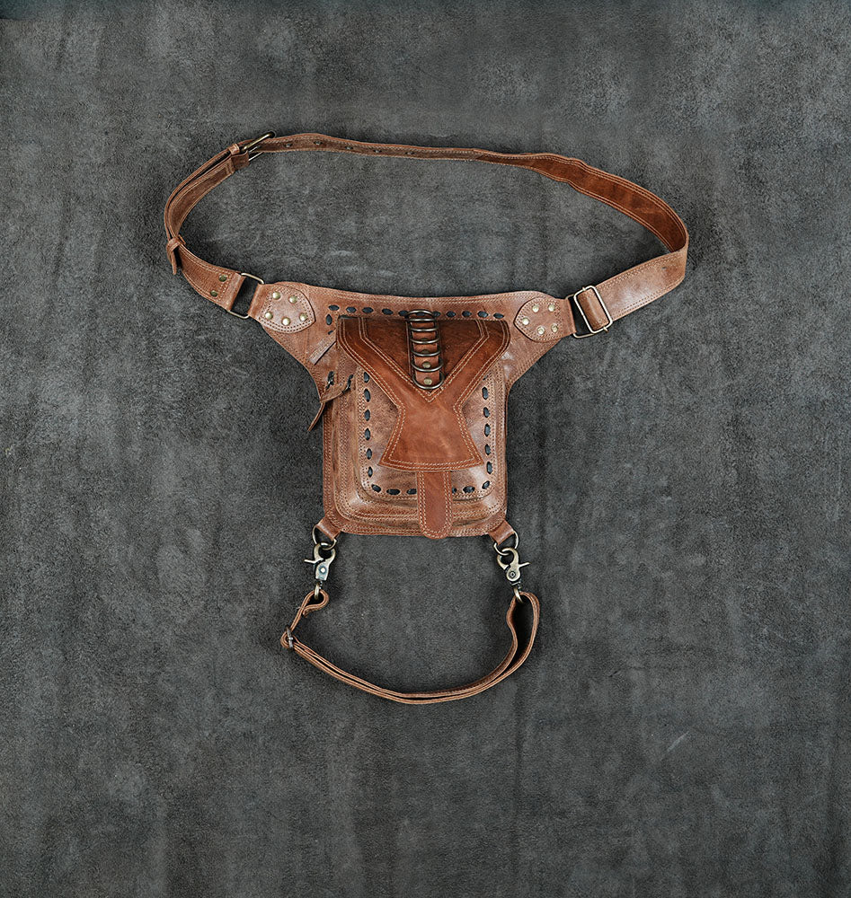 Black leather hip and thigh belt bag with metal fittings