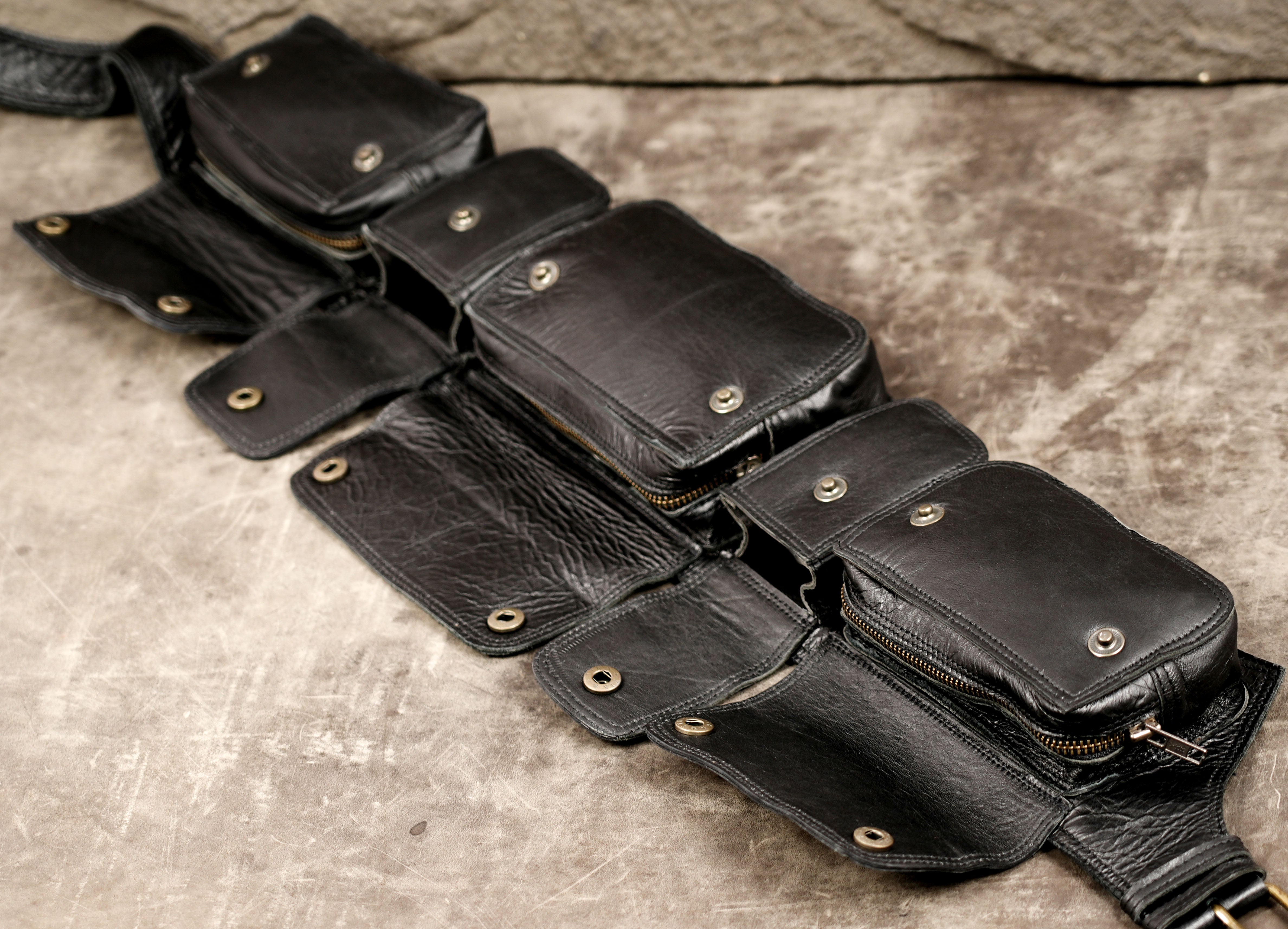 Black leather hip pouch belt for camping and festivals