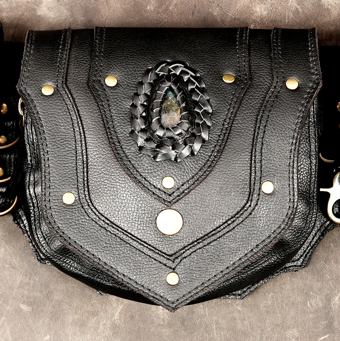Black leather pocket belt with labradorite stone