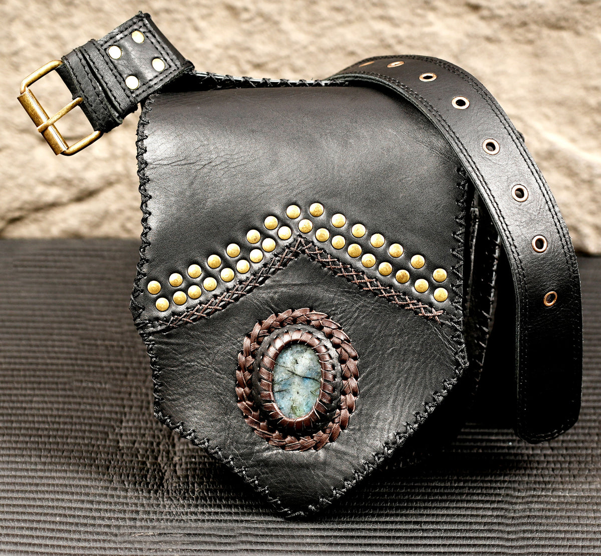 Black leather cosplay utility belt with Labradorite
