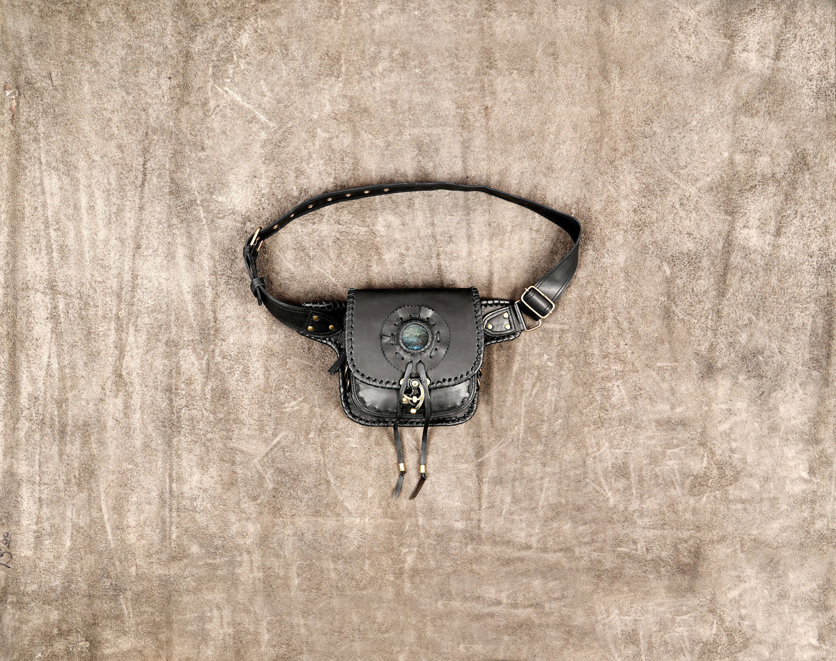 Black leather waist bag with Natural Labradorite stone and adjustable belt