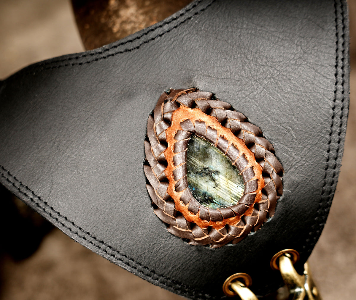 Handmade leather double shoulder bag with antique brass-tone fittings
