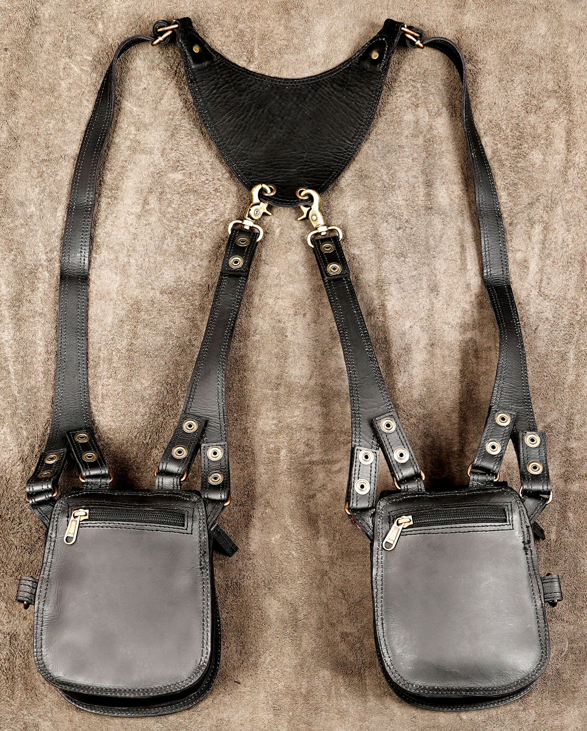 Black Leather Dual Holster Bag Unisex Festival Shoulder Harness
