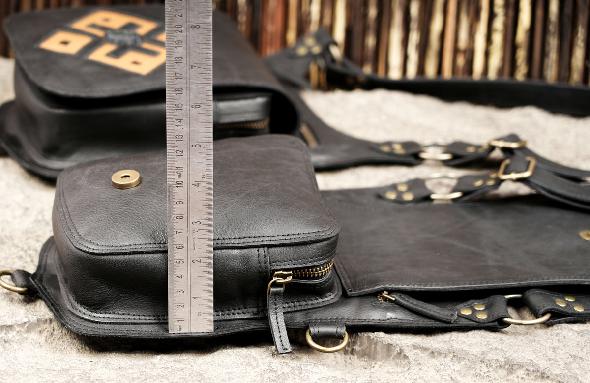 Leather Burning Man chest harness bag with adjustable straps