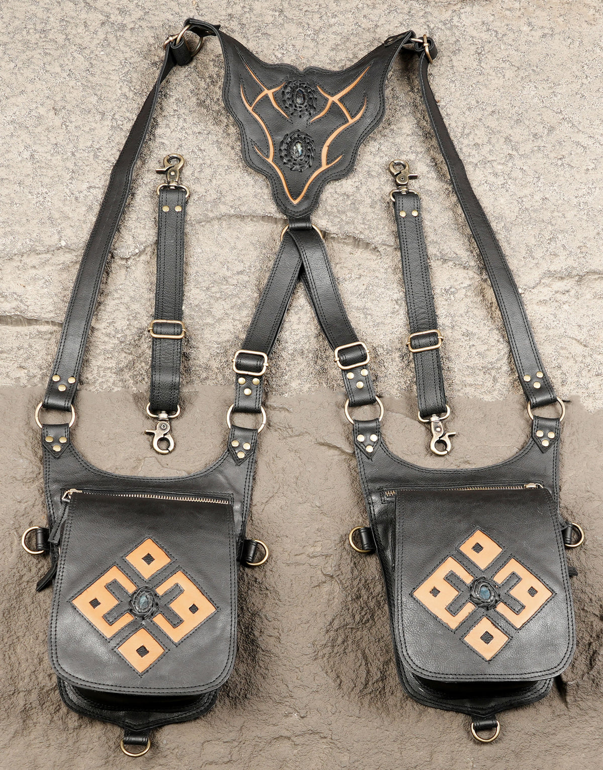Black leather utility shoulder bag with double pouch design