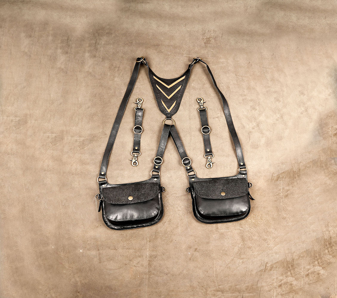 Black Leather Double Shoulder Holster Bag Set with Adjustable Straps