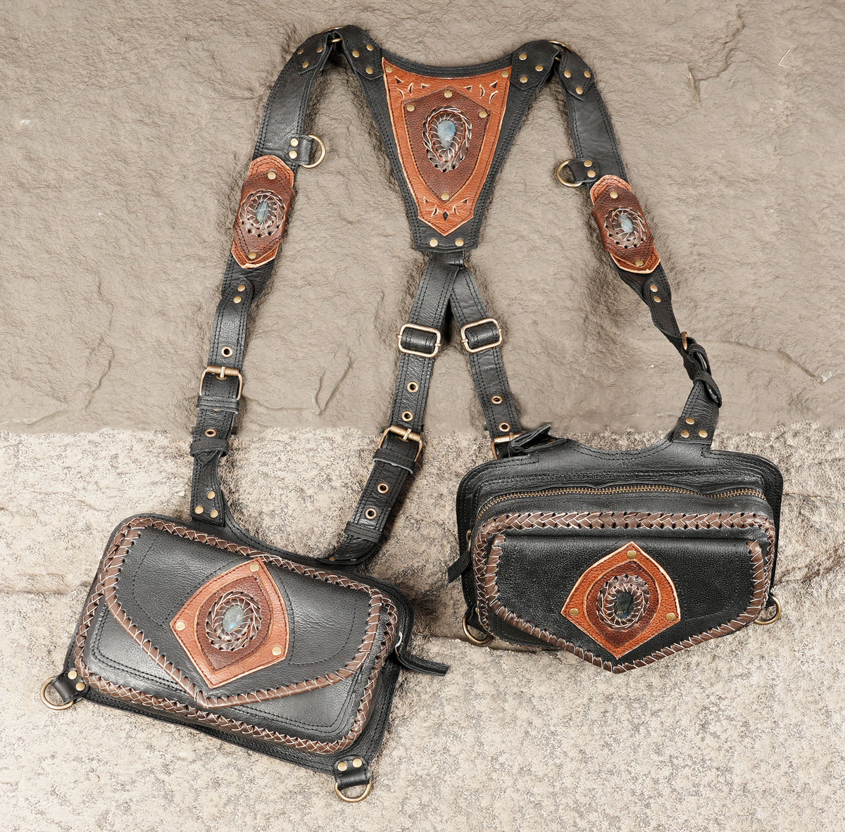 Leather festival shoulder harness with decorative natural stone accents