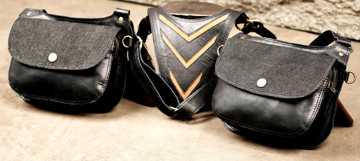 Gothic Black Leather Dual Shoulder Bag with Adjustable Harness Straps