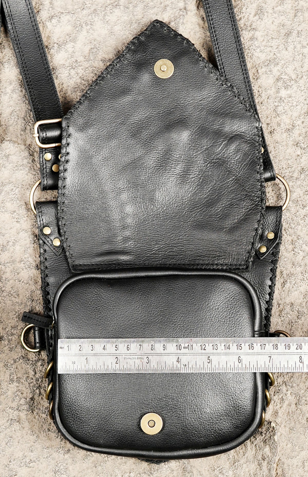 Black Leather Shoulder Holster Bag with Studded Dual Pouches