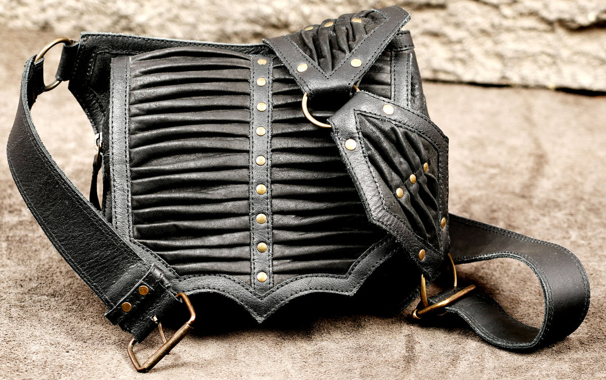 Burning Man utility belt with leather pouch and antique brass hardware