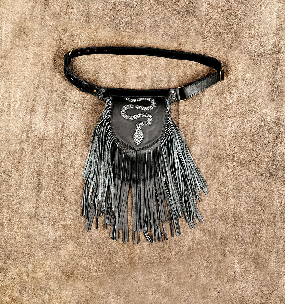 Black leather hip bag for Burning Man boho gothic and festival fashion