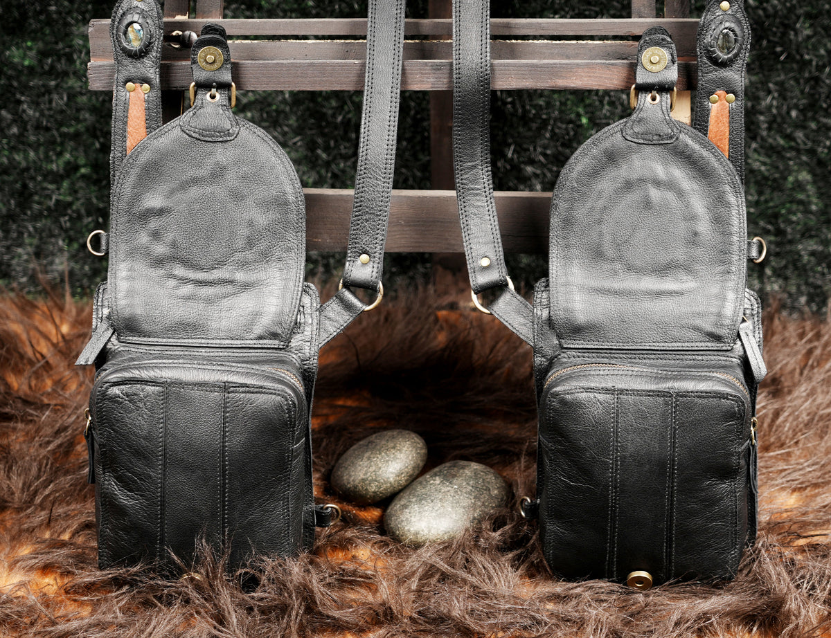 Black Leather Dual Holster Harness Bag Unisex Festival Chest Rig