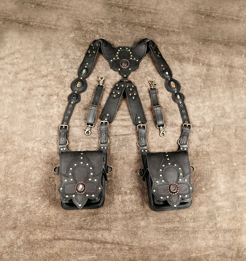 Handmade black leather festival harness bag with two decorative gemstone pouches