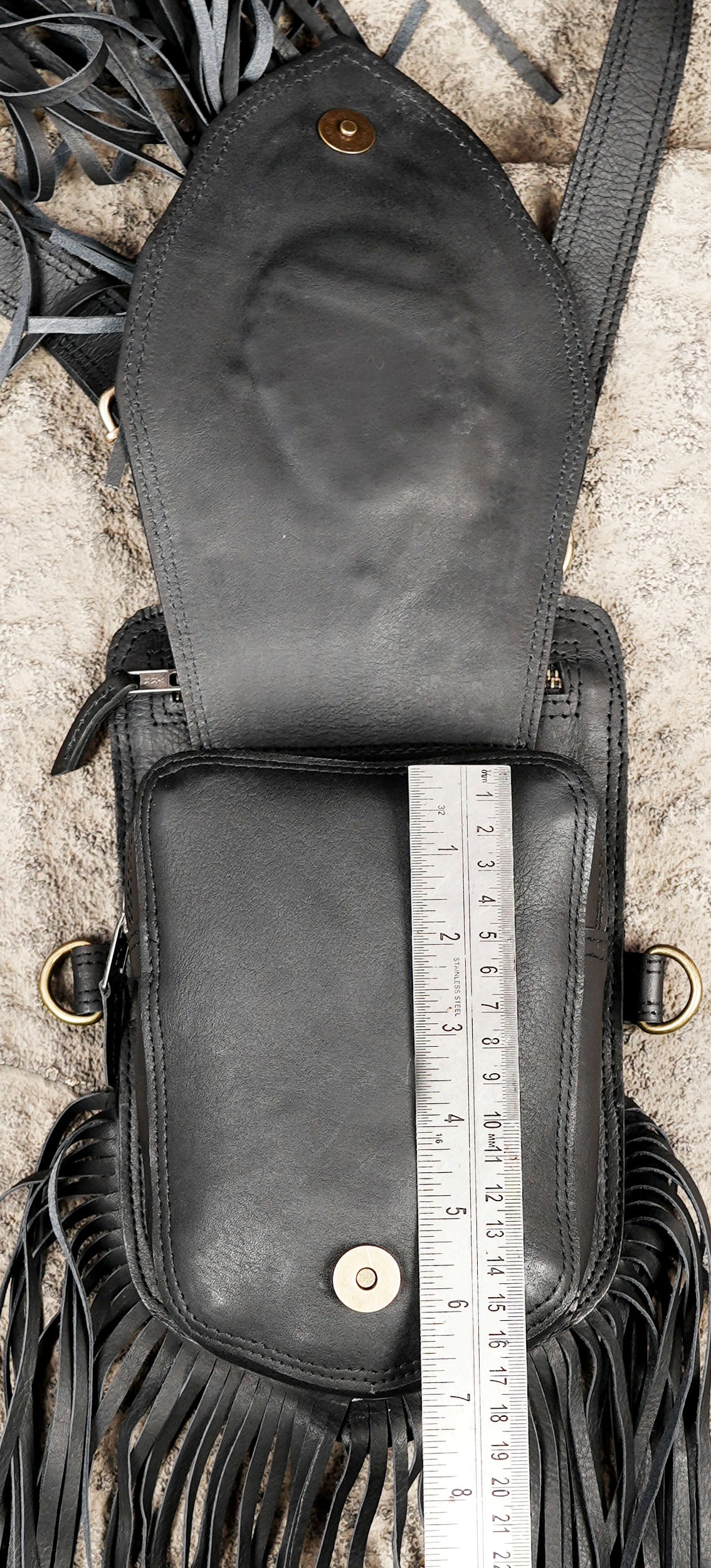 Black Leather Holster Vest Fringe Harness Bag Dual Utility Pouches Festival Body Suspender Natural Labradorite Stones