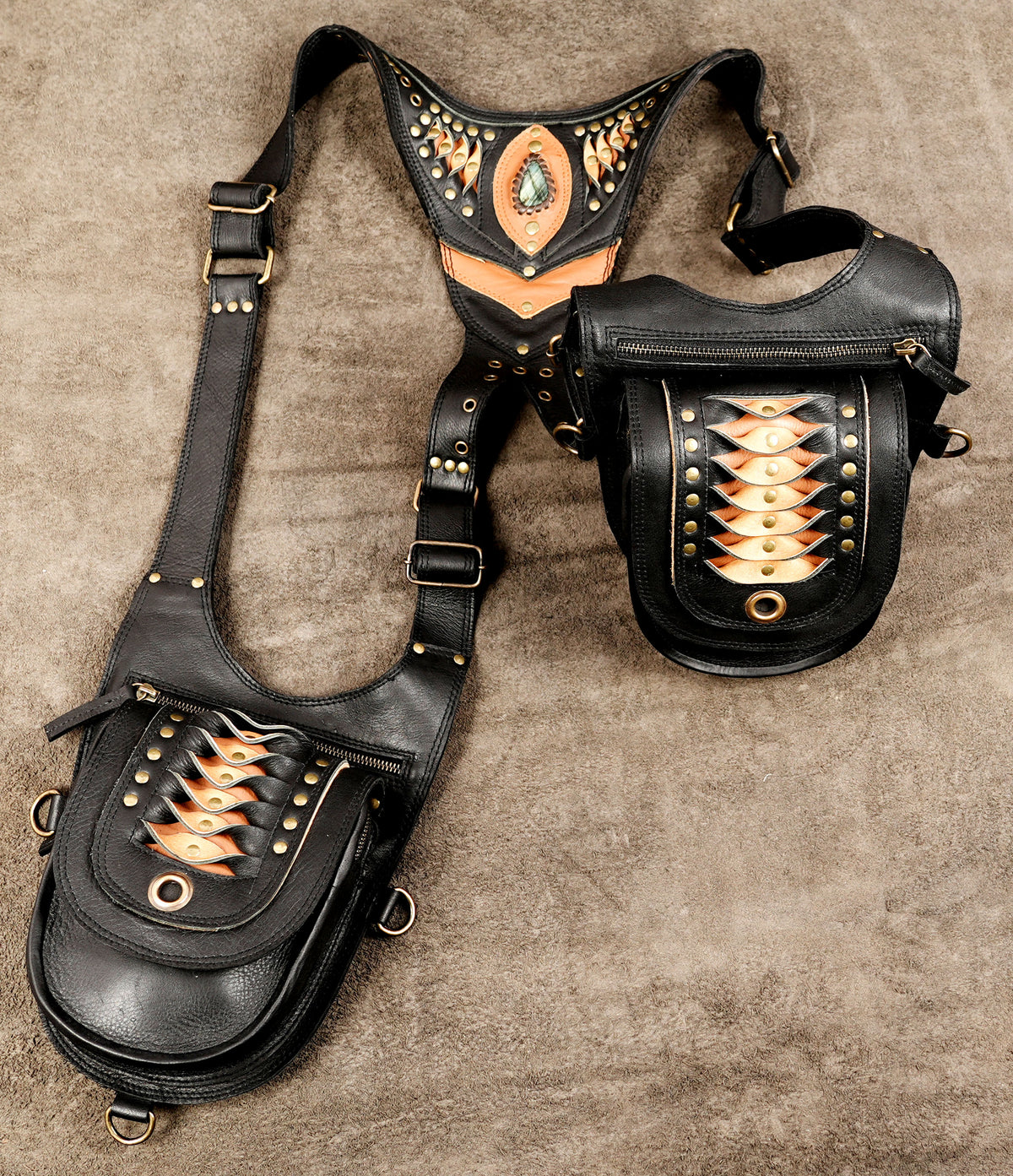 Handmade black leather harness bag for rave outfits, cosplay, steampunk, and alternative fashion.