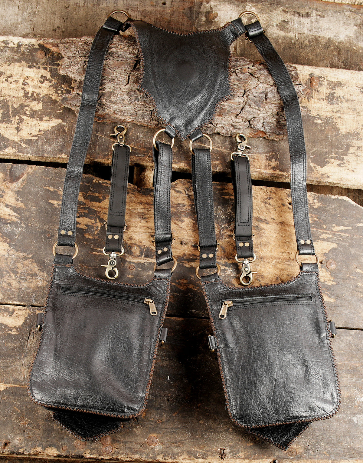 Dark fantasy leather shoulder harness with dual compartment bags