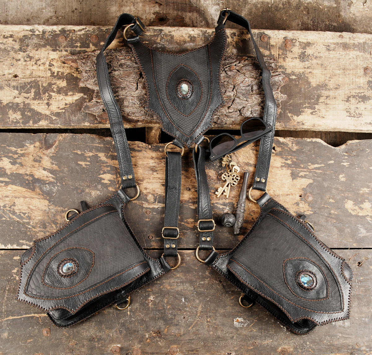 Steampunk festival double holster bag with labradorite gemstone accents