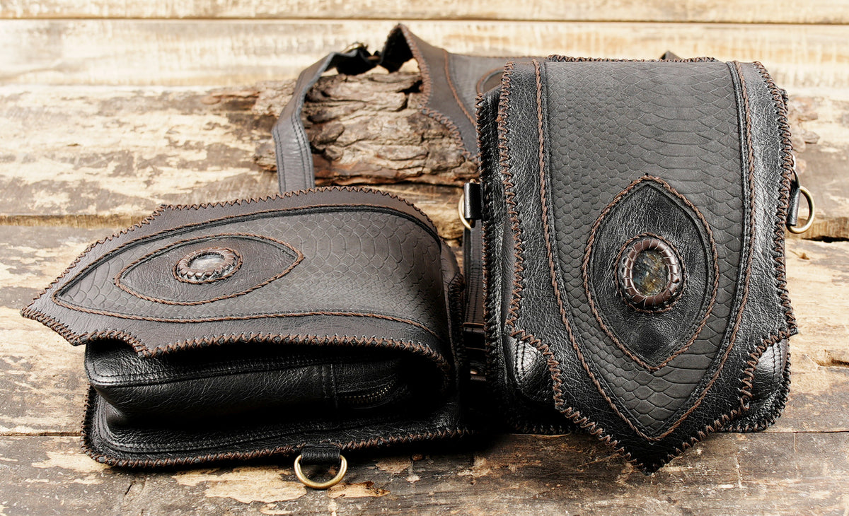 Tribal fusion leather body harness with dual pouch design