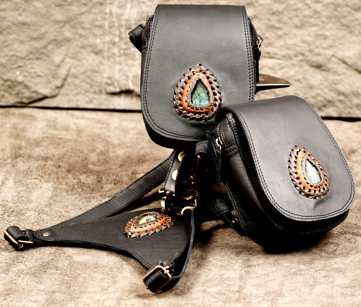 Unisex black leather double pouch harness with decorative gemstone accents