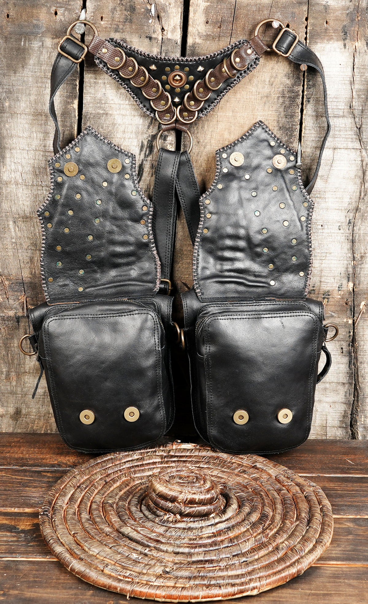 Unisex Black Double Pouch Harness Bag with Antique Brass Studs
