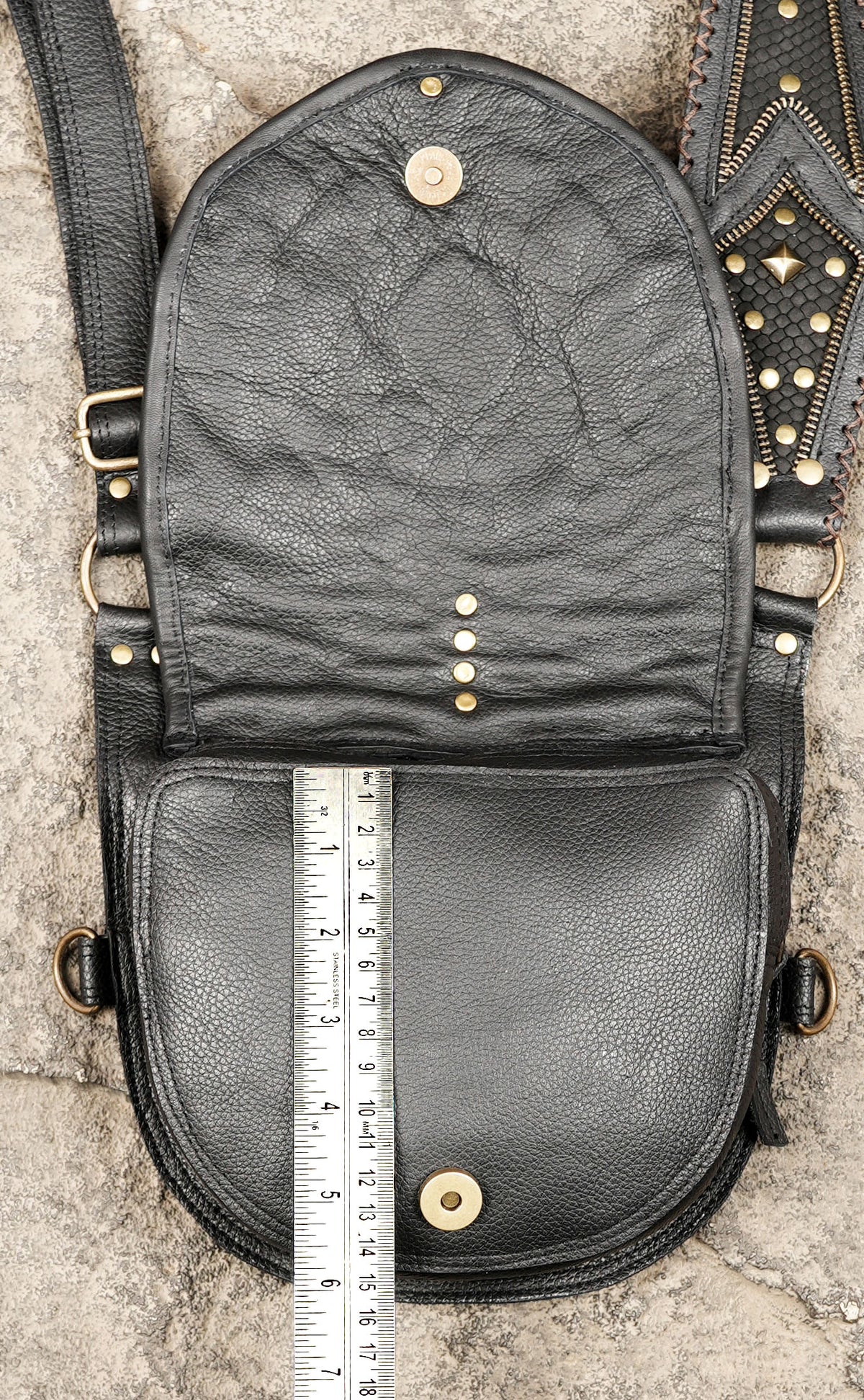 Black leather dual shoulder holster bag set with decorative studded harness straps