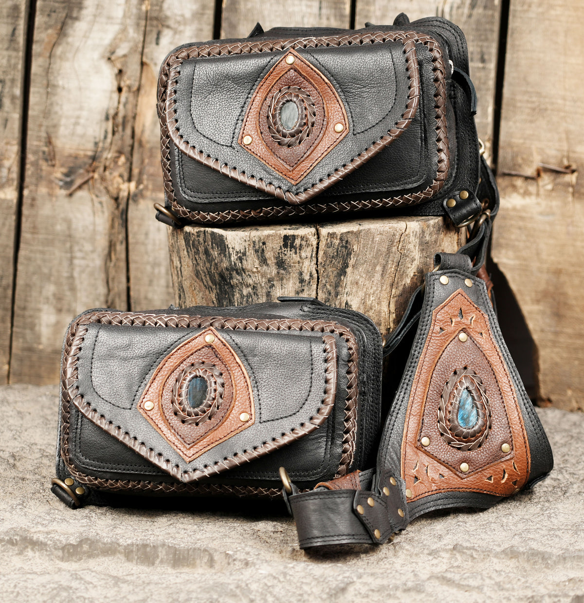 Black leather steampunk harness with adjustable hip holster pouches