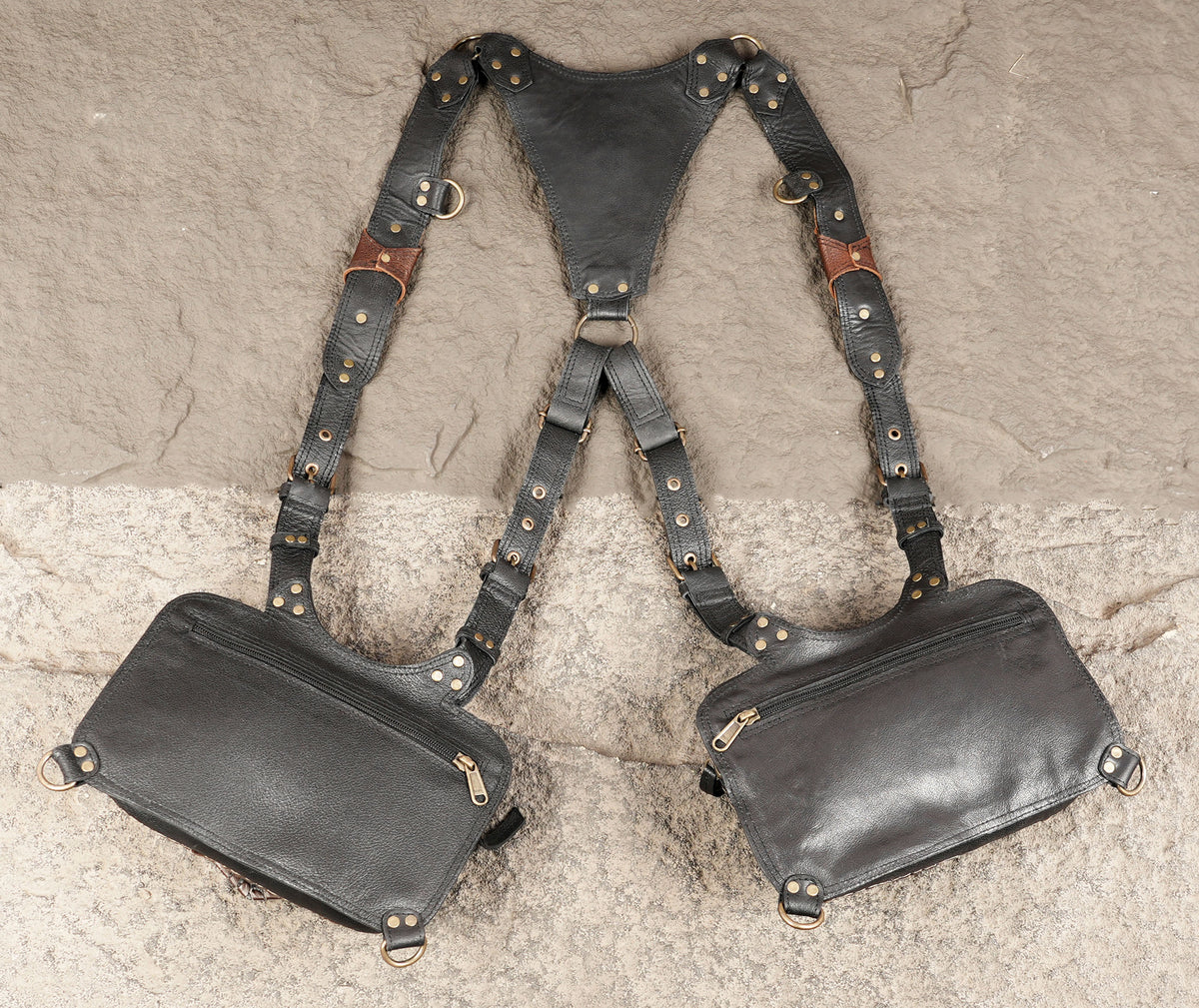 Unisex leather festival holster with adjustable shoulder and leg straps