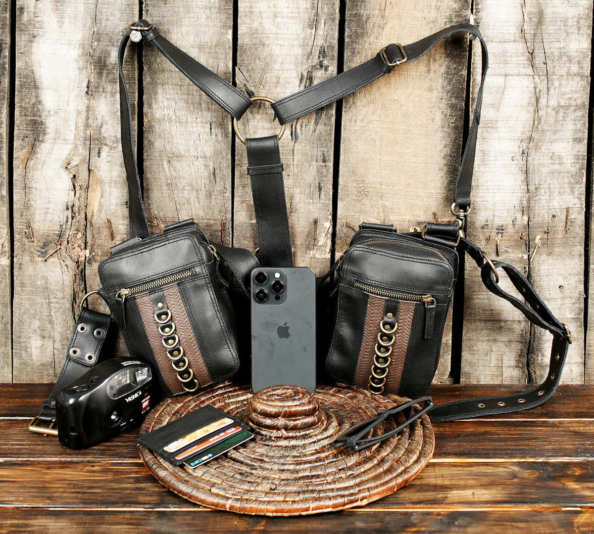 Festival fashion black leather body strap harness with twin front pouches