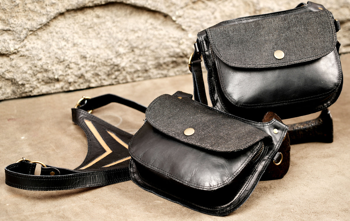Black Leather Double Crossbody Pouch Set with Decorative Chevron Harness