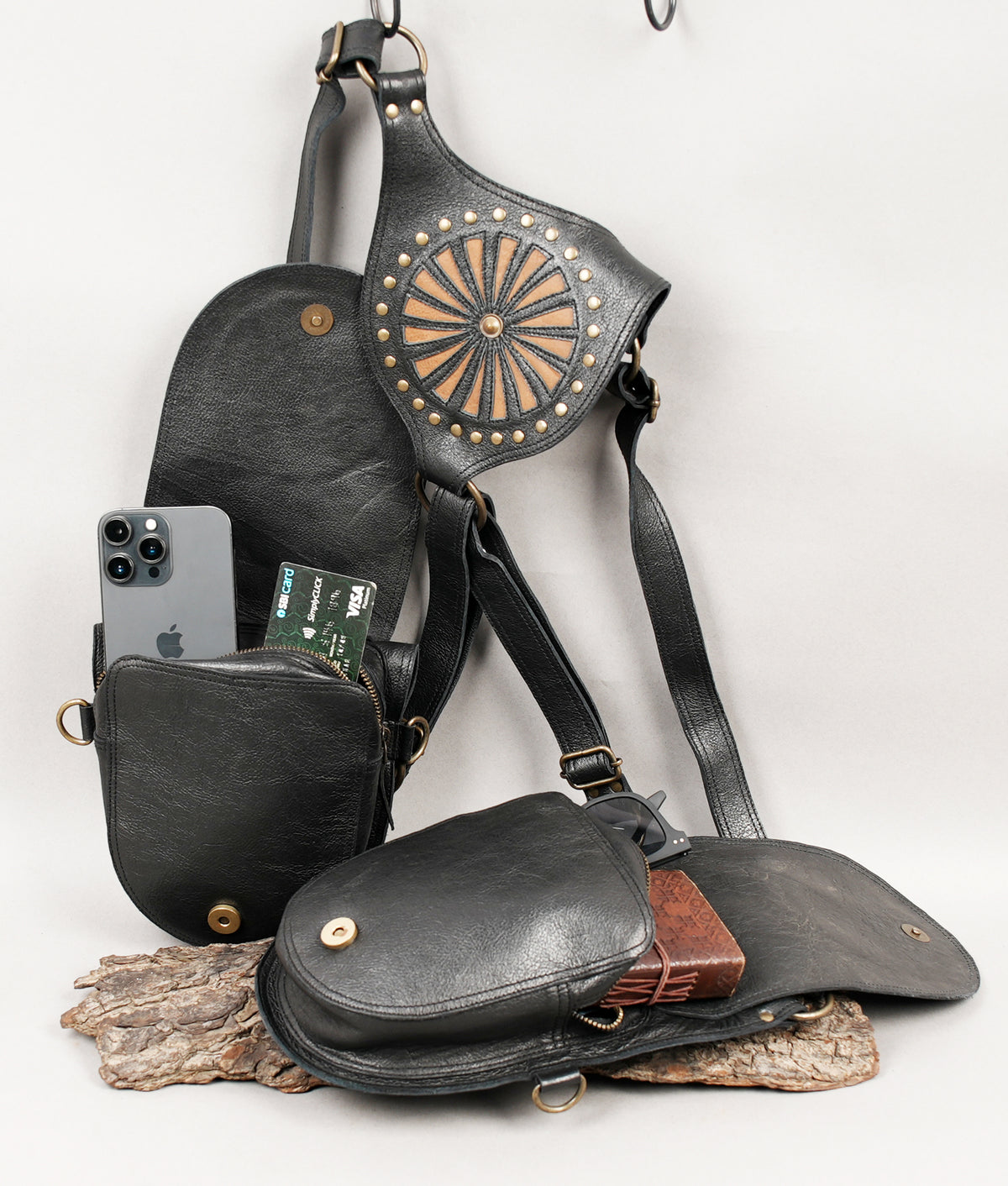 Black leather crossbody harness pouch for music festivals