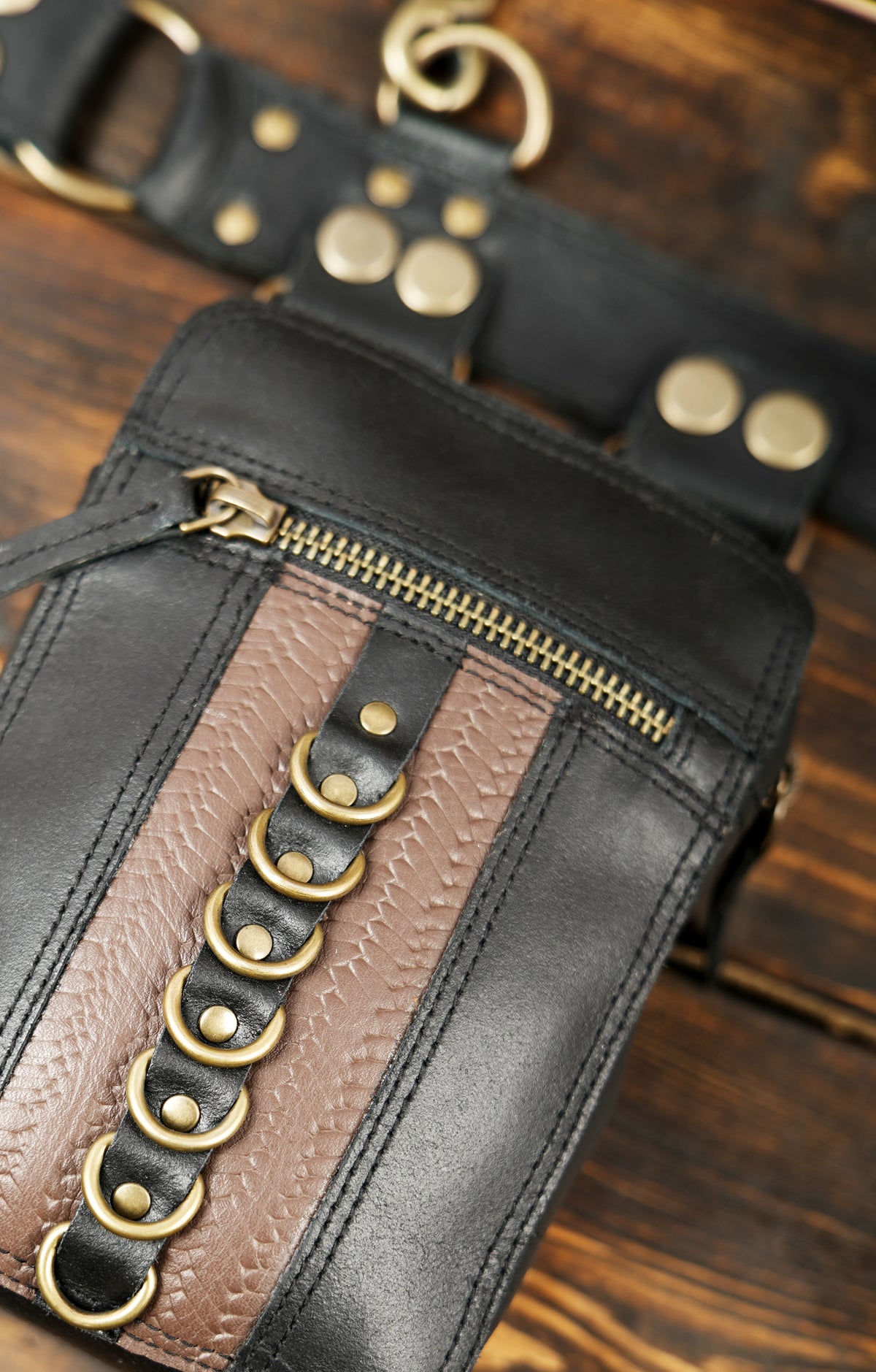 Black leather chest rig and waist belt combination with metal studs