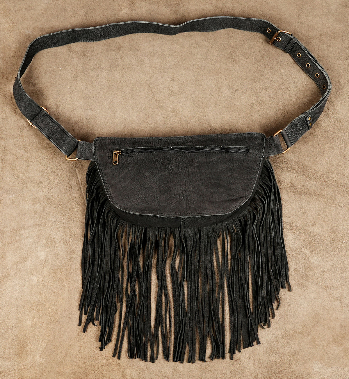 Black alternative fashion waist bag with snake artwork and adjustable waist belt.