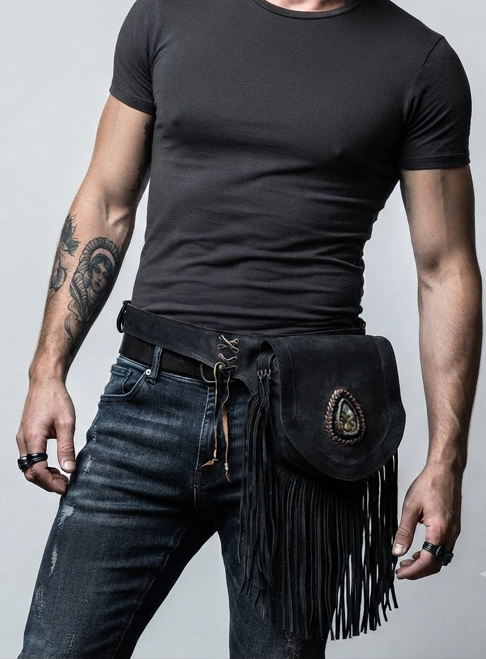 Bohemian leather belt bag with tassels
