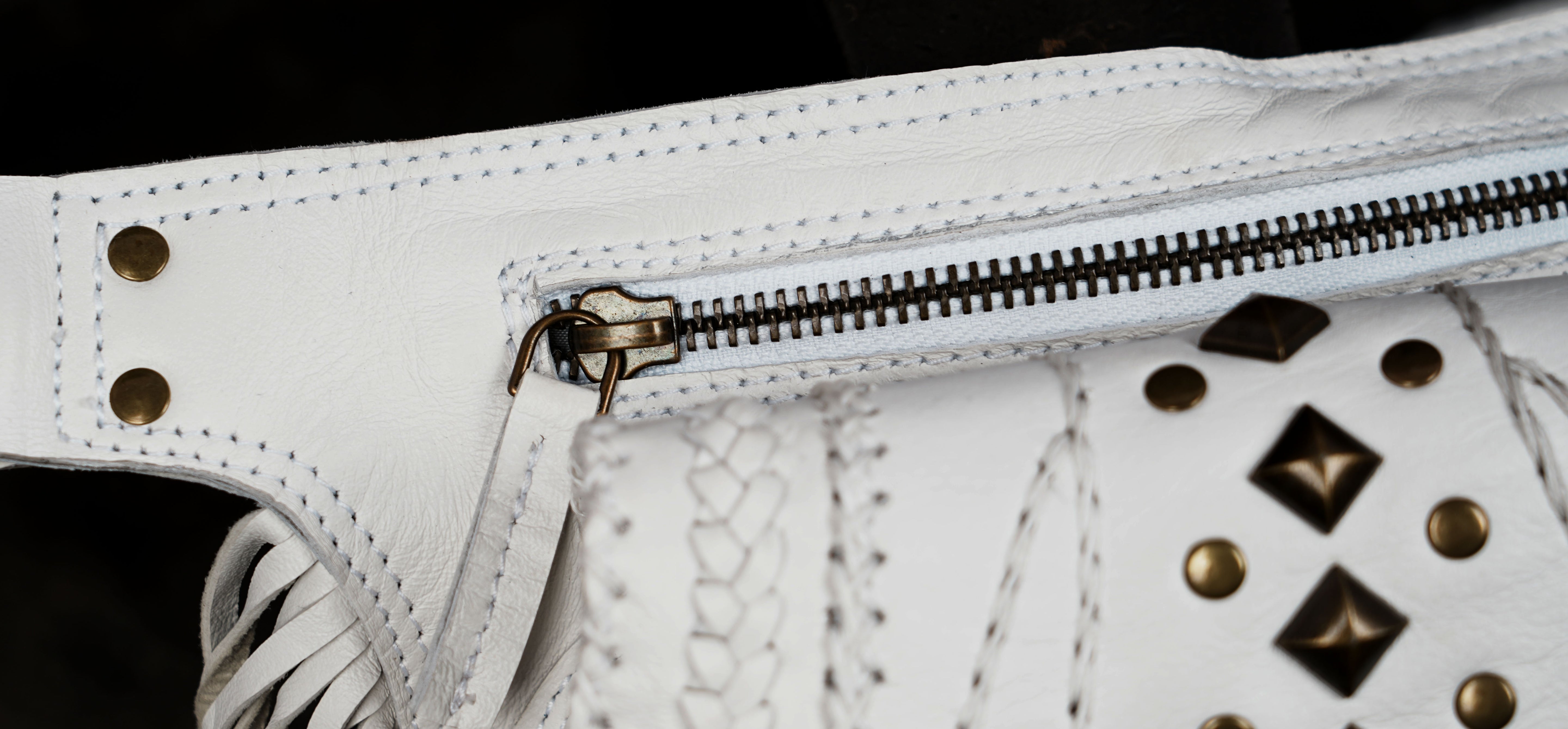 Bohemian leather hip pouch with long flowing white fringe