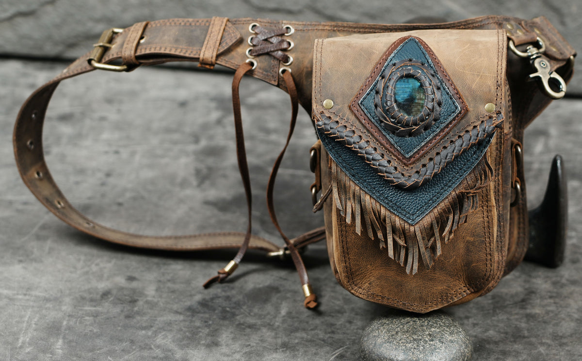 Leather fanny pack with adjustable waist belt and boho fringe