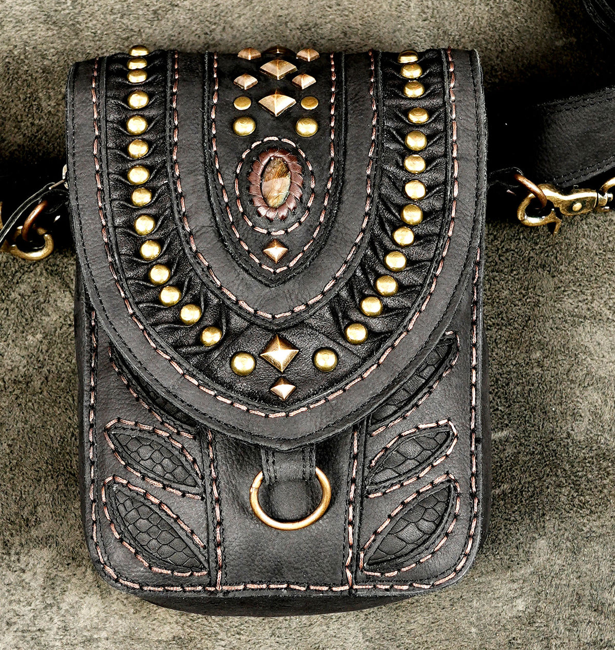 Boho black leather utility belt bag with embedded gemstone and leaf design