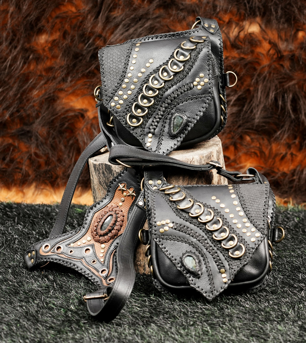 Black Leather Shoulder Holster Bag with Studded Dual Pouches