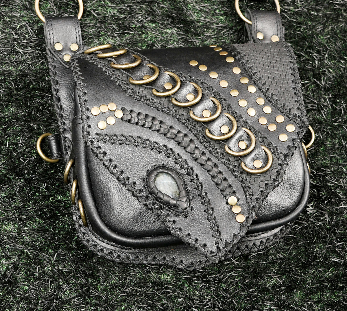 Black Leather Shoulder Holster Bag with Studded Dual Pouches