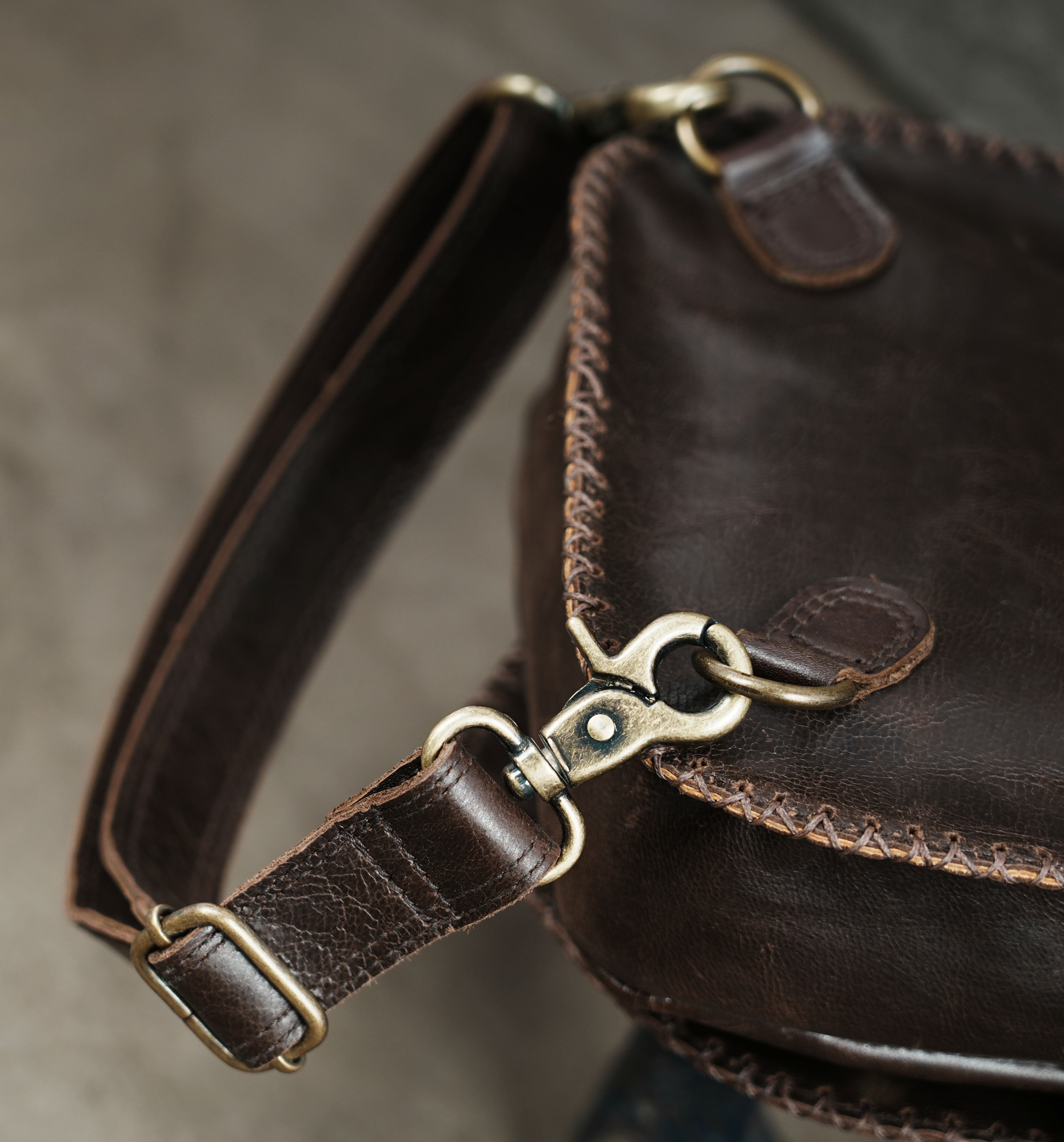 Boho brown leather festival bag with handcrafted stitched details