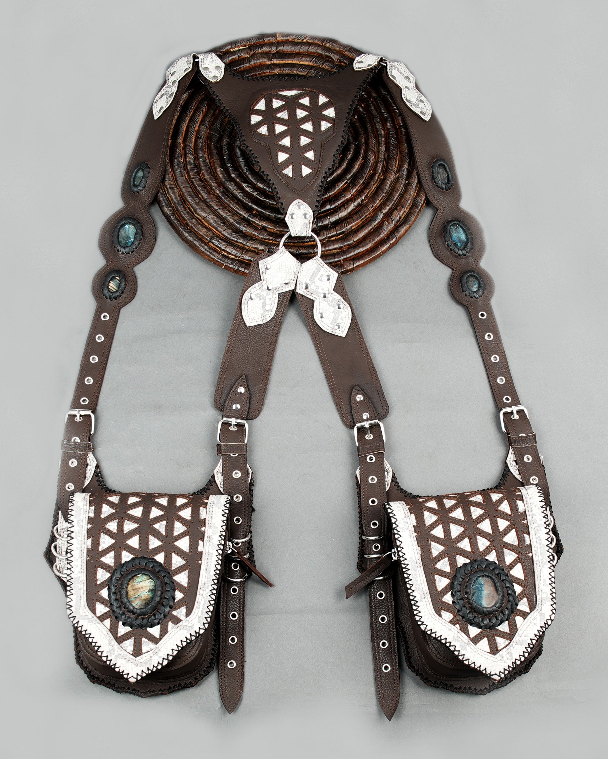 Boho leather chest harness with six labradorite stones