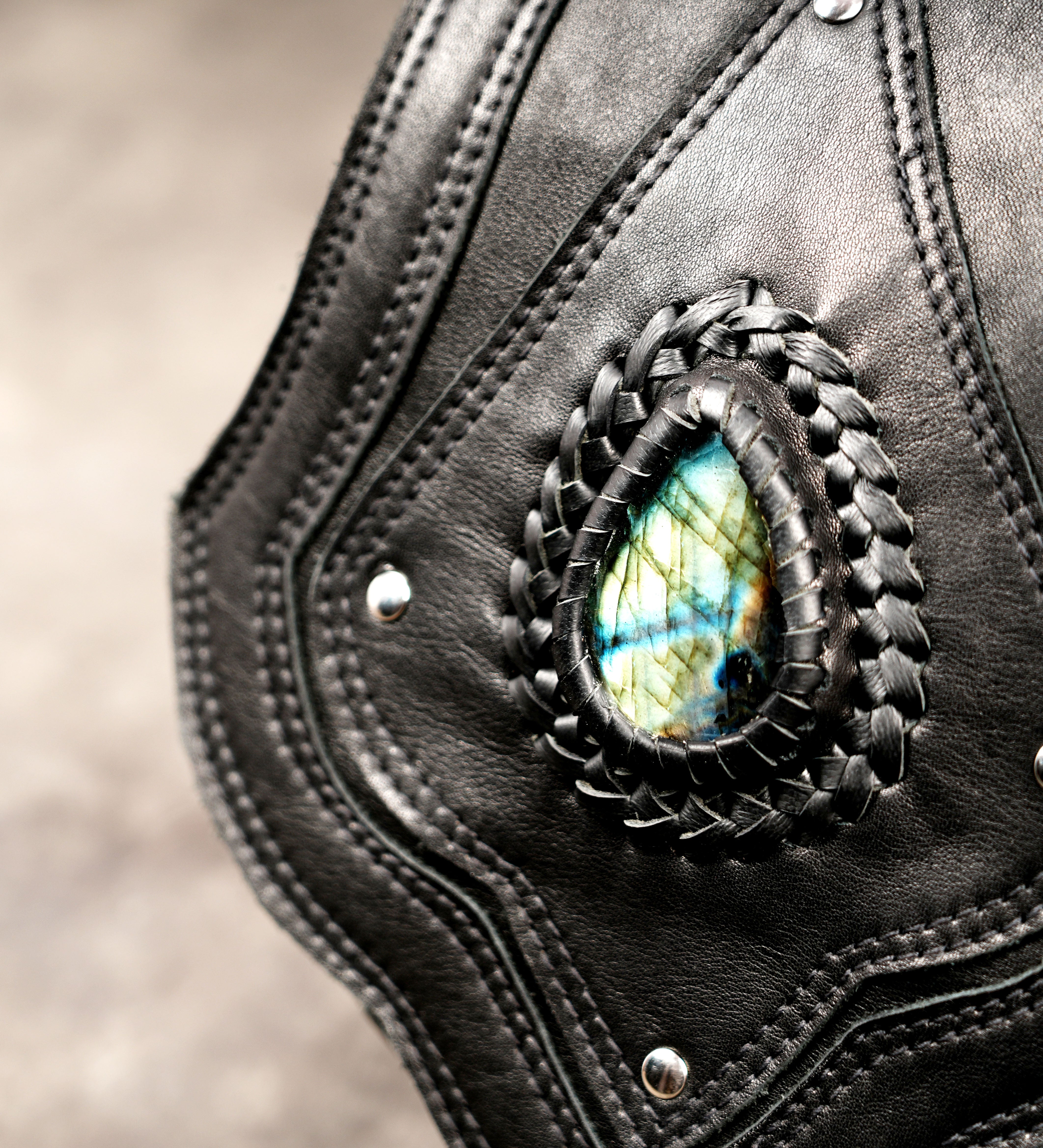 Boho leather festival belt with teardrop gemstone pockets