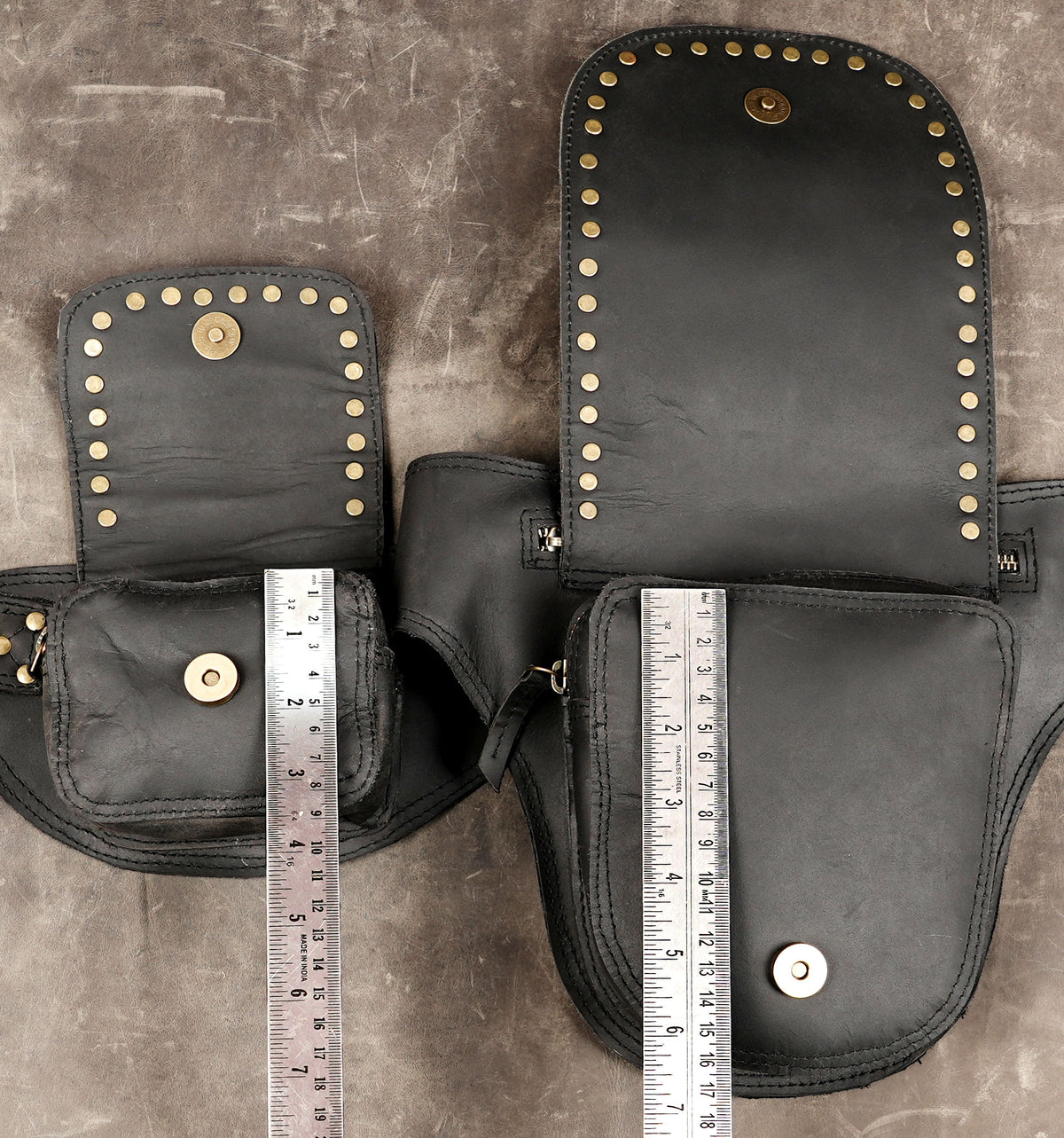 Boho leather utility belt with double pockets and studs