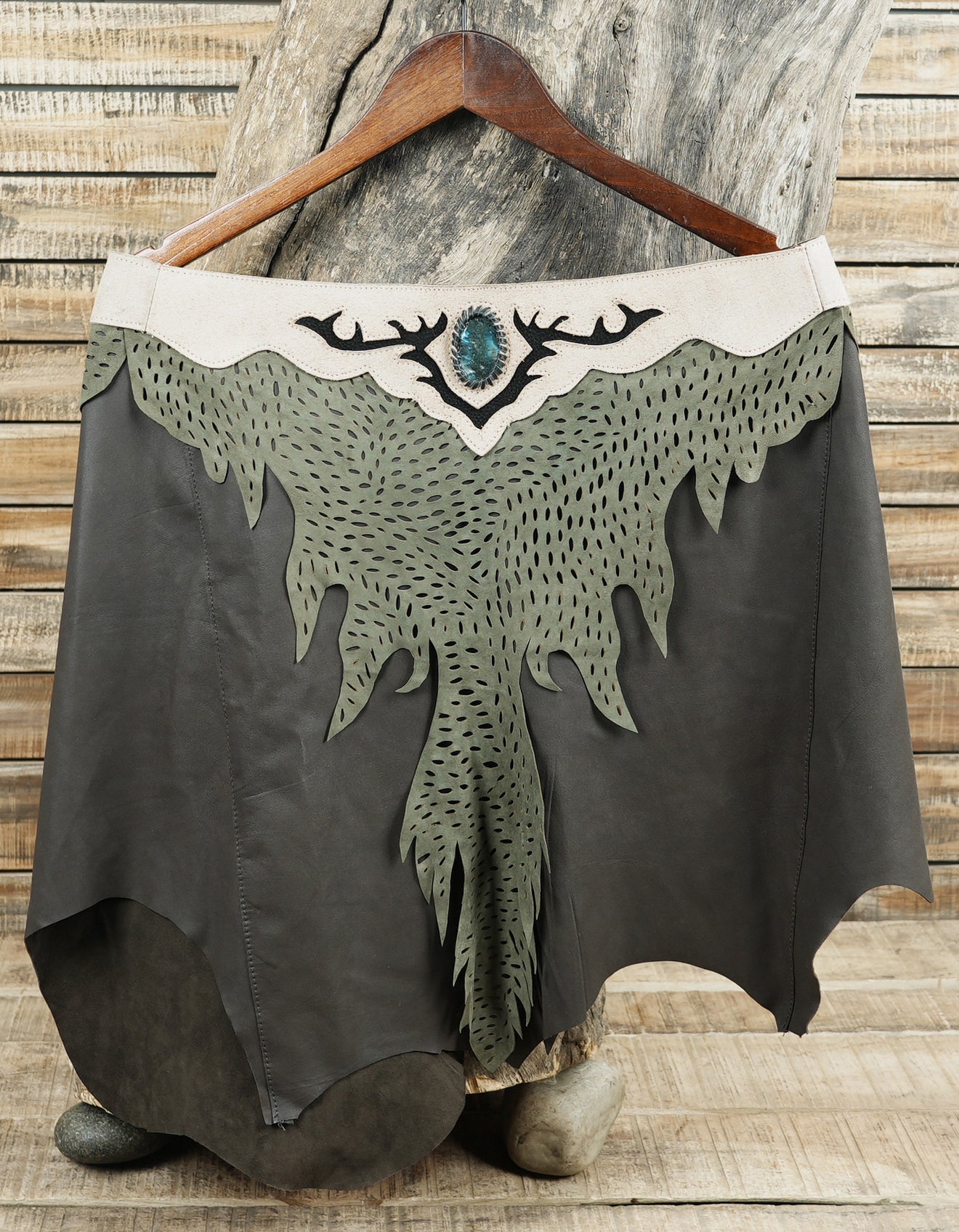 Boho tribal leather skirt with antler and stone accent
