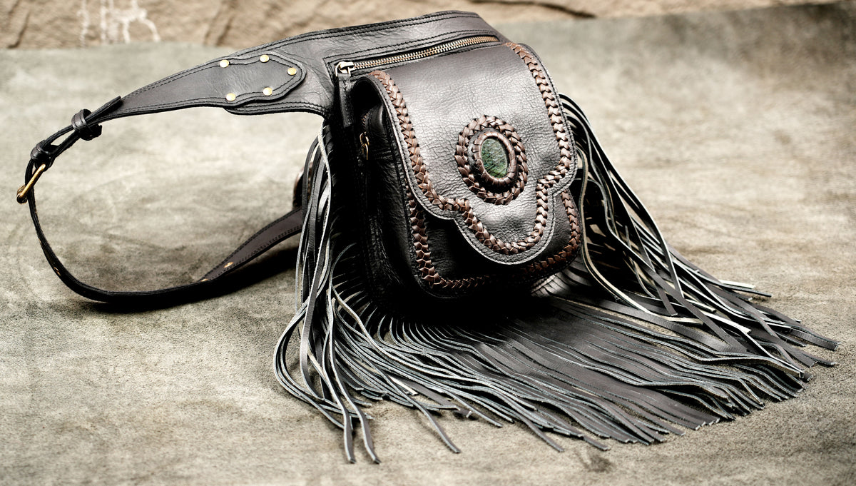 Handmade Black Leather Fringe Belt Bag Boho Festival Hip Pouch Adjustable Waist