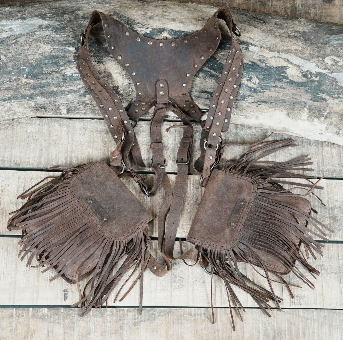 Brown Leather Chest Harness Bag with Fringe Pockets and Studded Yoke