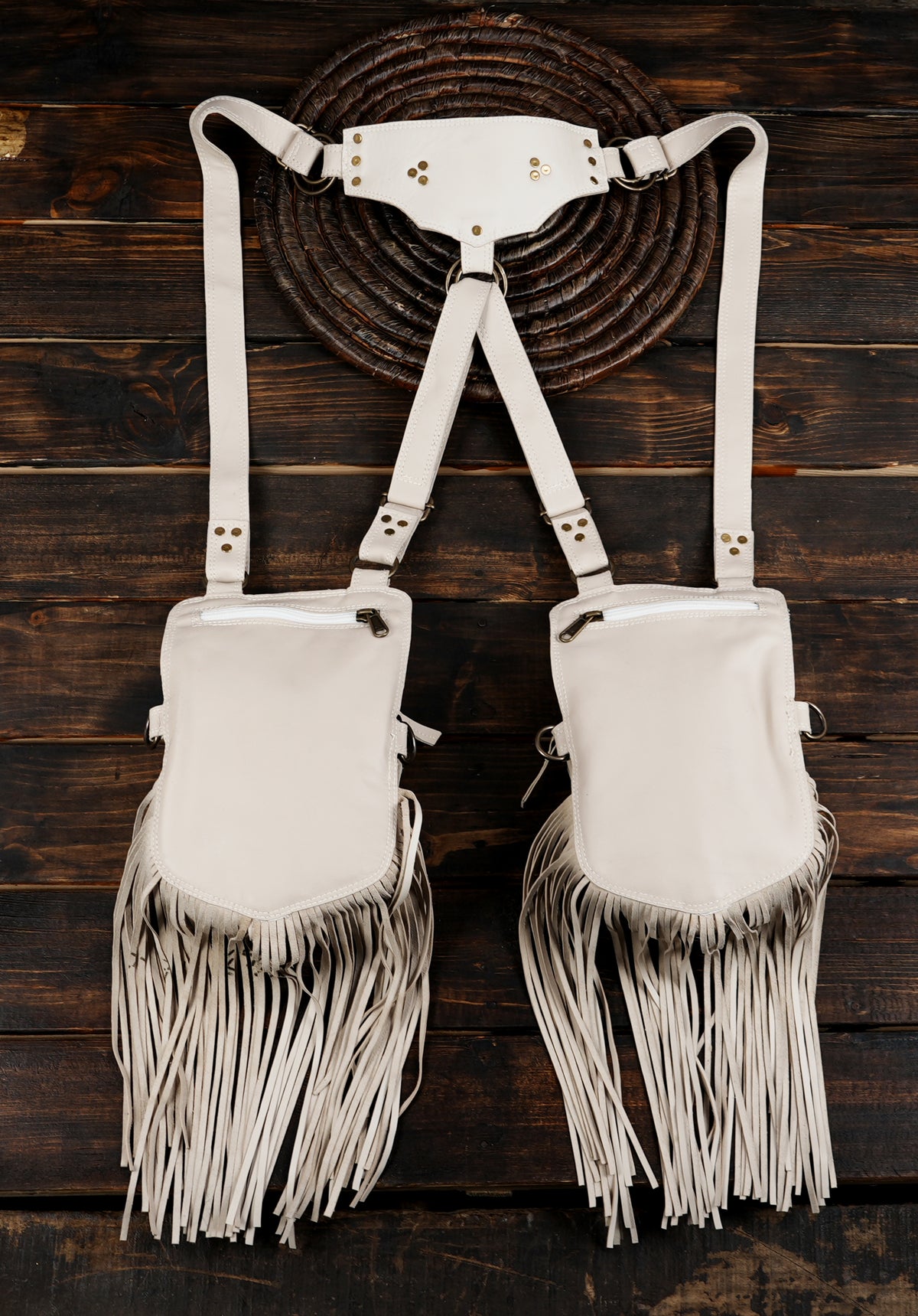 White leather dual pouch belt harness with gemstone decoration