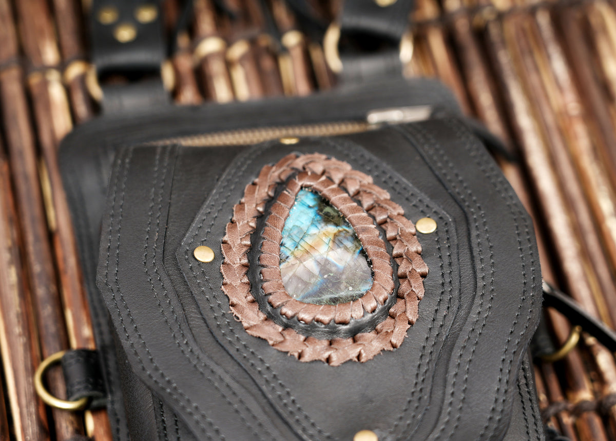 Black Leather Holster Vest Fringe Harness Bag Dual Utility Pouches Festival Body Suspender Natural Labradorite Stones
